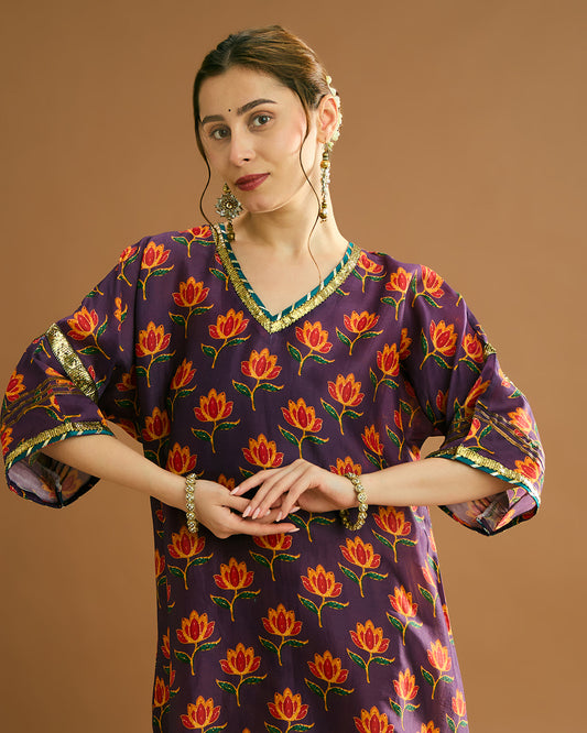 Rumi Silk Chanderi printed Kurta - Lotus Print