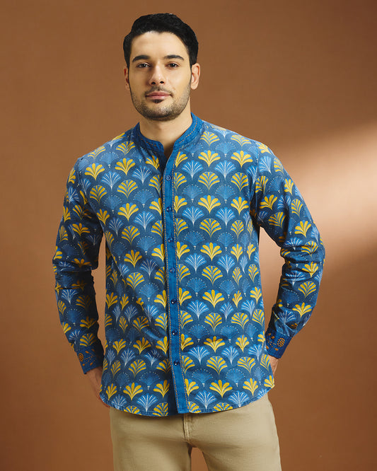 Art Deco cotton printed shirt - Cobalt Blue